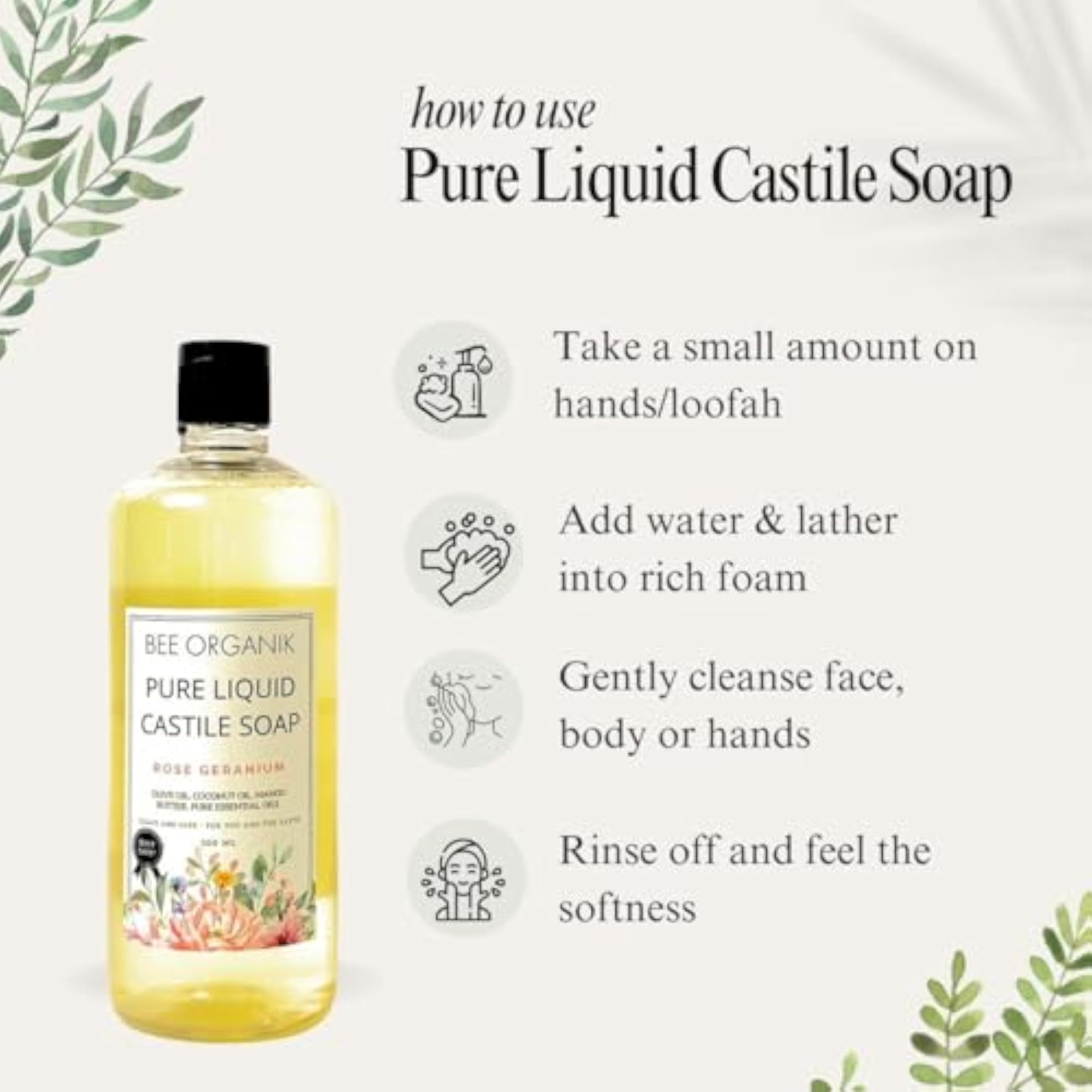 Pure Liquid Castile Soap Rose Geranium 500ml, Multi-Purpose